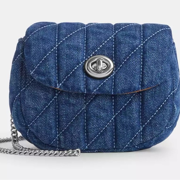 Coach Denim Blue Quilted Mini Bag Turnlock Card Case Bag - Picture 3 of 5